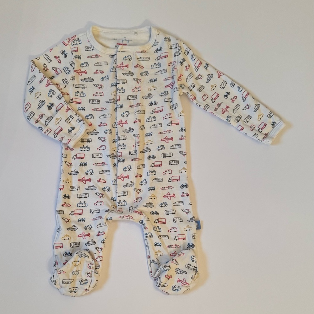 Magnetic Me Kids One Piece Footie - White with Multicolor Vehicles